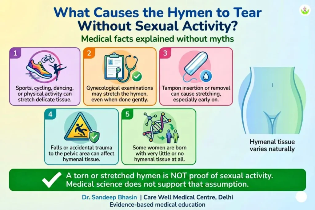 Non-sexual medical causes of hymen stretching or tearing explained visually