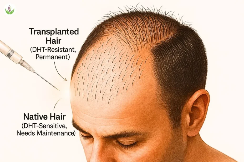transplanted vs native hair scalp illustration showing DHT resistant and sensitive follicles