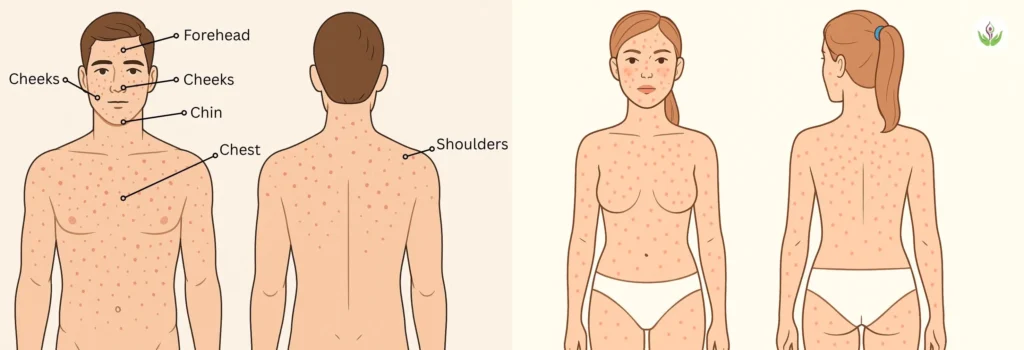Illustrated male and female body map showing common acne areas on the face, back, chest, shoulders, and arms