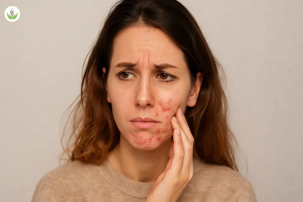 Worried woman with sudden acne breakout caused by hormonal imbalance, diet changes, or stress