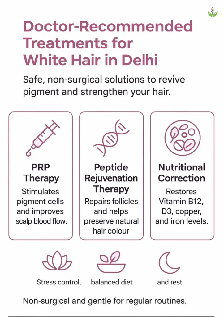 showing doctor-recommended treatments for white hair in Delhi including PRP therapy, peptide rejuvenation, and nutritional correction.