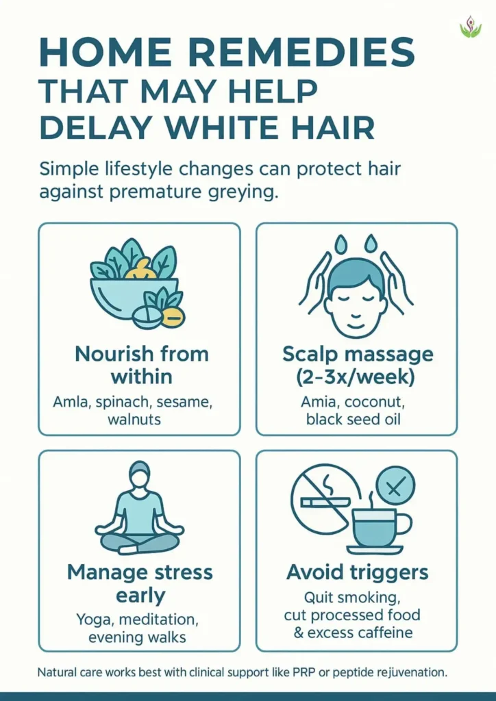Infographic showing natural home remedies to delay white hair.