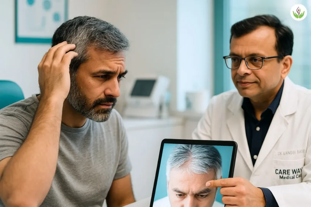 Man with early white hair consulting Dr. Sandeep Bhasin in Delh