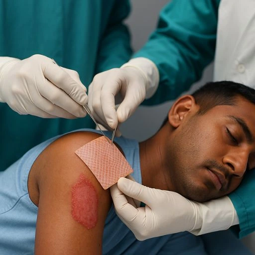 Skin grafting surgery on upper arm of Indian male patient at Care Well Medical Centre