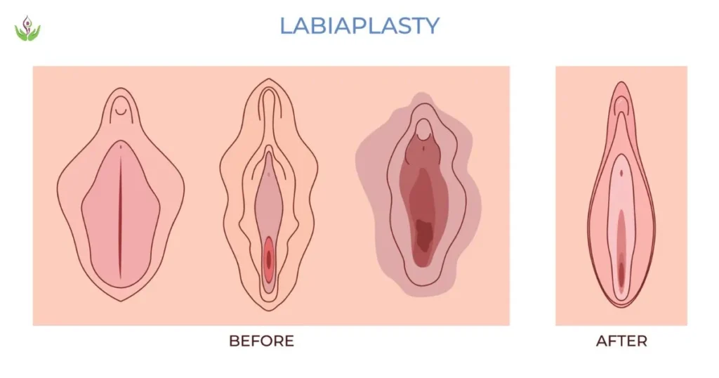 Step-by-step diagram showing before and after results of labiaplasty surgery for labia reshaping