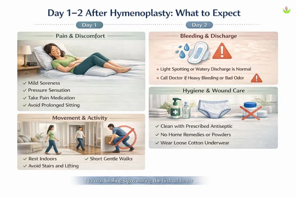 Hymenoplasty recovery infographic showing care and healing during day 1 and day 2