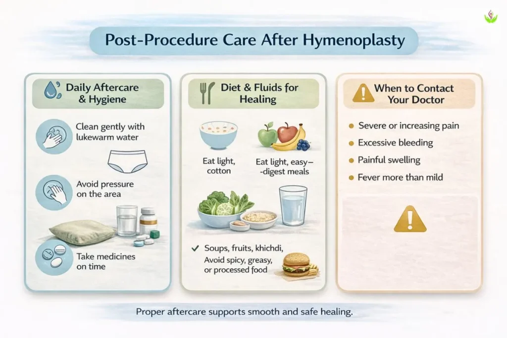 Post-procedure care infographic showing hygiene, diet, and warning signs after hymenoplasty