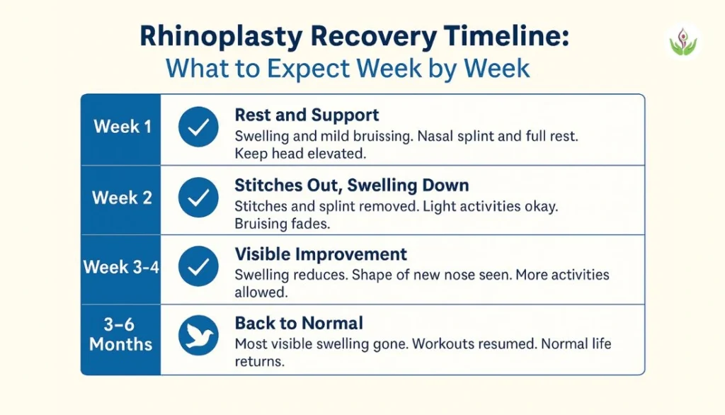 Rhinoplasty recovery timeline infographic for patients in Delhi