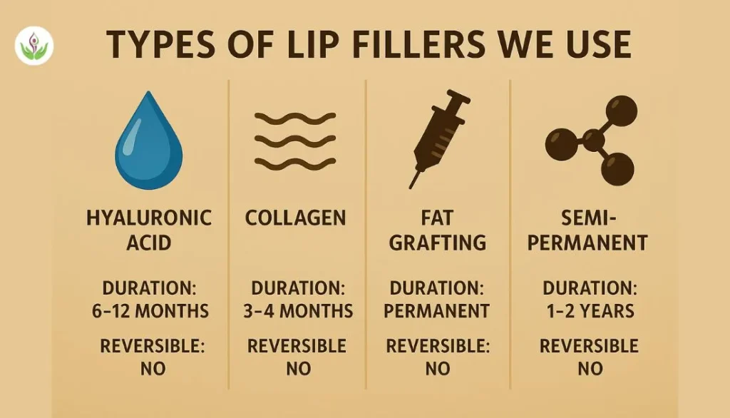 Comparison chart showing types of lip fillers including hyaluronic acid, collagen, fat grafting, and semi-permanent options