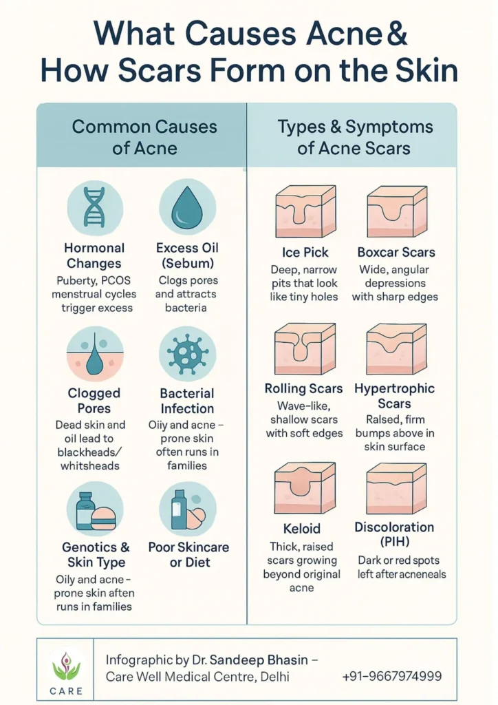 Common causes of acne and types of acne scars – infographic by Dr. Sandeep Bhasin, Care Well Medical Centre, Delhi