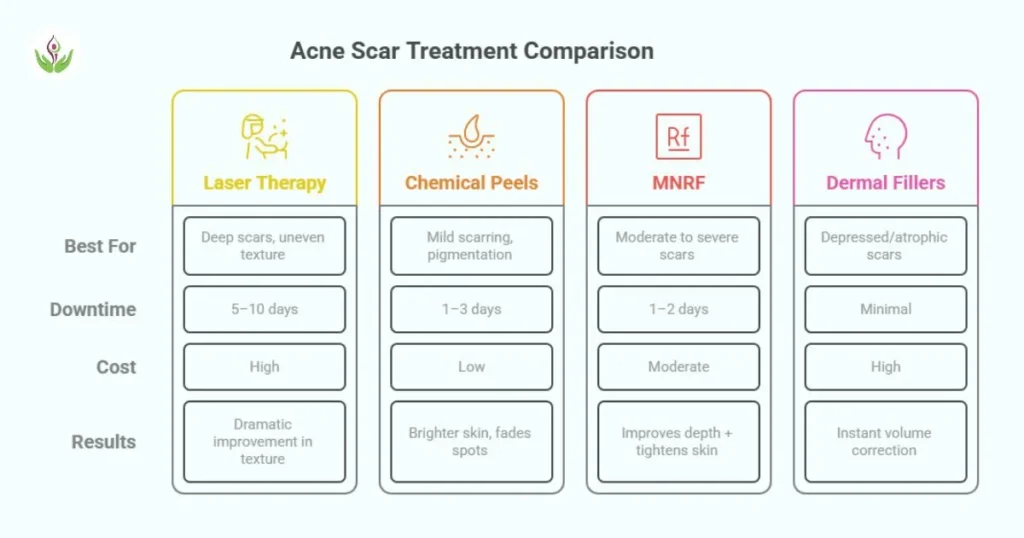 Comparison of acne scar treatments in Delhi – Laser Therapy vs Chemical Peels vs MNRF vs Fillers showing results, downtime, and cost by Dr. Sandeep Bhasin