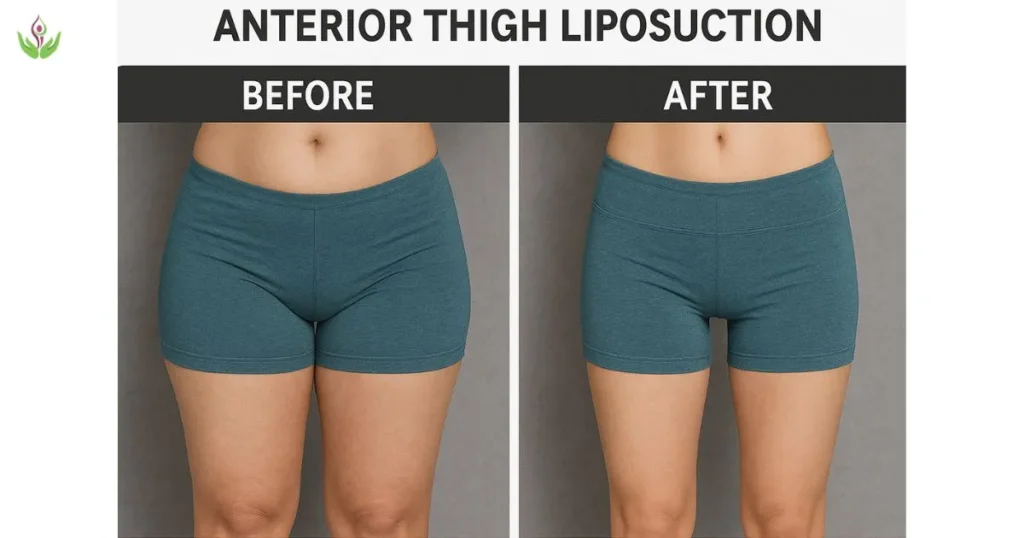 Slimmer anterior thighs after liposuction treatment – before and after result