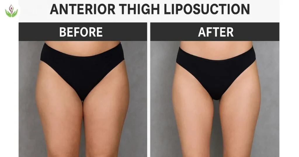Anterior thigh liposuction before and after photo comparison