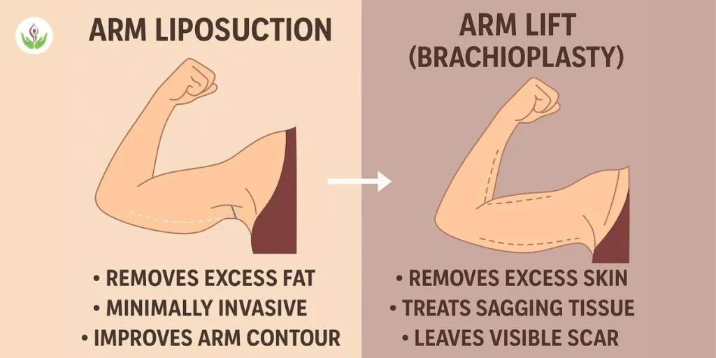 Arm liposuction vs arm lift comparison showing fat removal vs skin tightening
