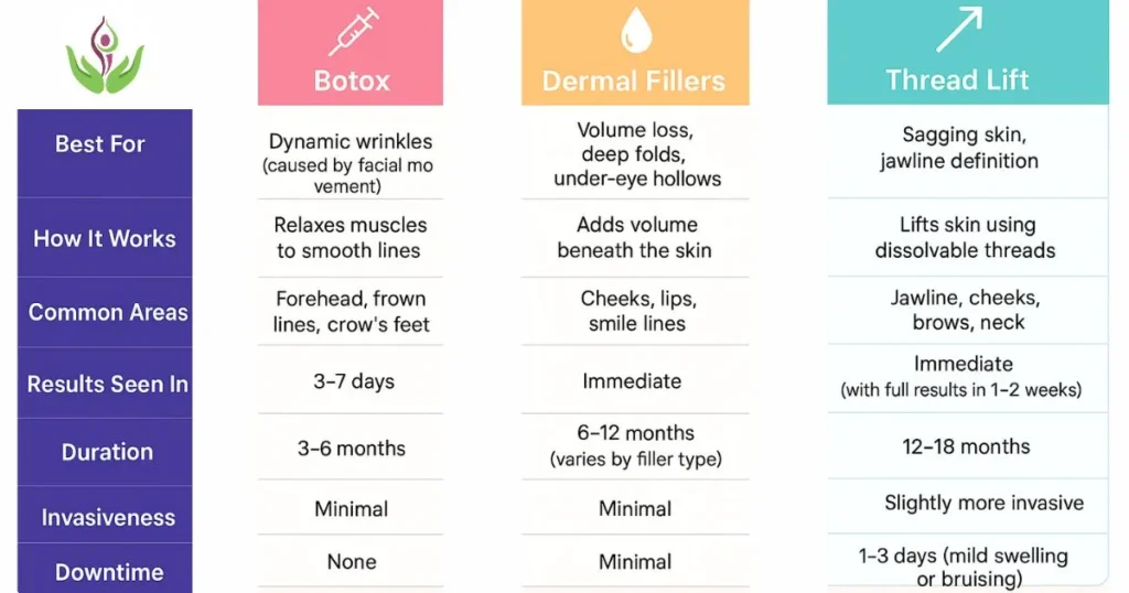 Facial aesthetic treatments comparison – Botox, Fillers, Thread Lift