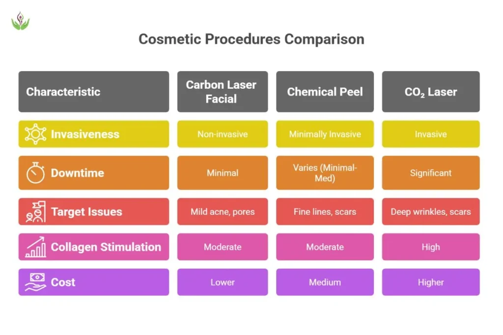 Comparing carbon laser facial, chemical peel, and CO2 laser treatments for skin rejuvenation in Delhi.