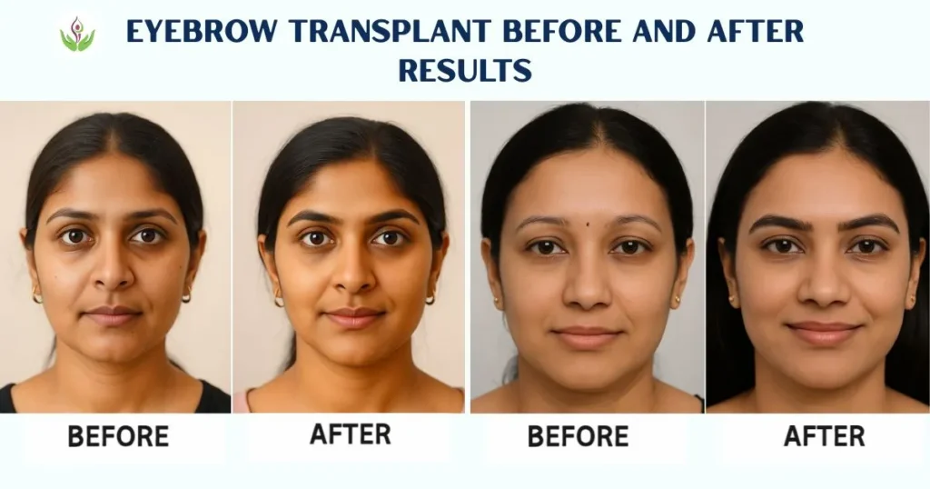 Before and after eyebrow transplant result on Indian female patient – natural eyebrow restoration at Care Well Medical Centre