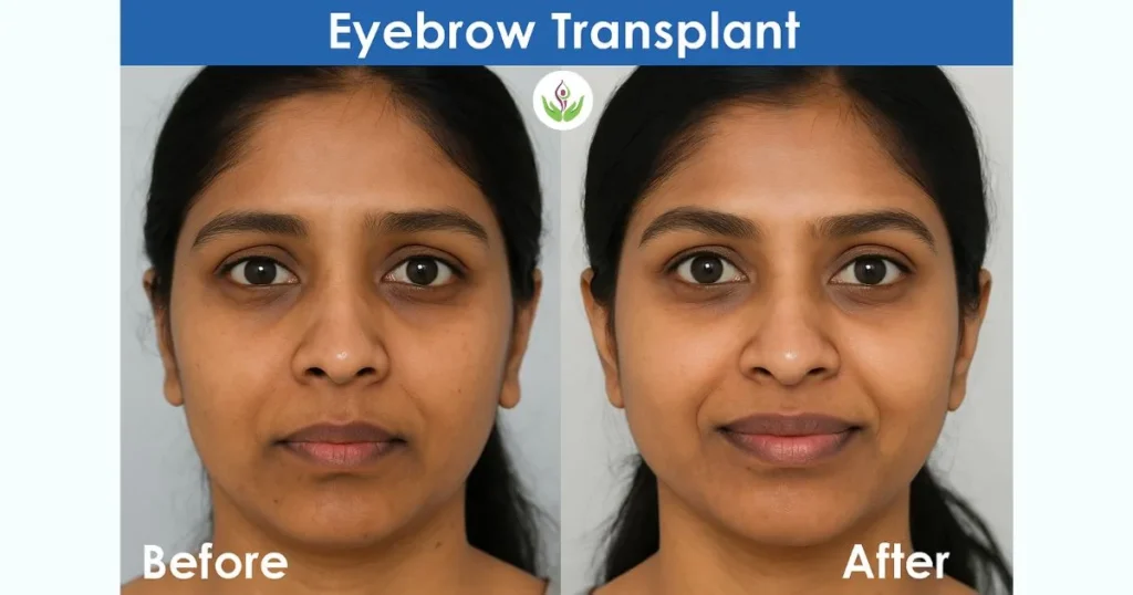 Before and after eyebrow transplant result of Indian female showing visible improvement