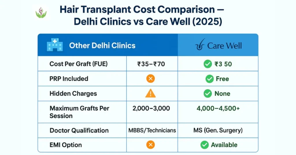 Hair transplant cost comparison between Care Well Medical Centre and other clinics in Delhi