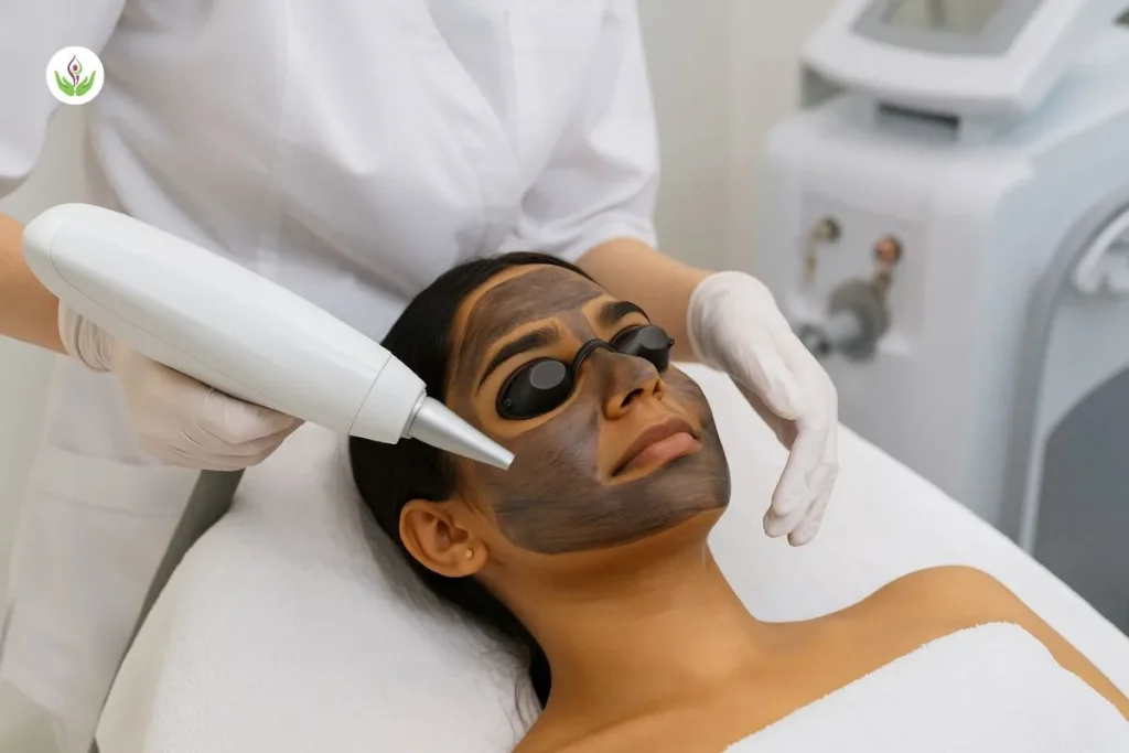 Carbon laser facial procedure steps in Delhi showing carbon lotion application on Indian woman.