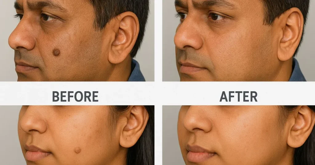 Before and after results of laser mole and wart removal treatment in Delhi by Dr. Sandeep Bhasin