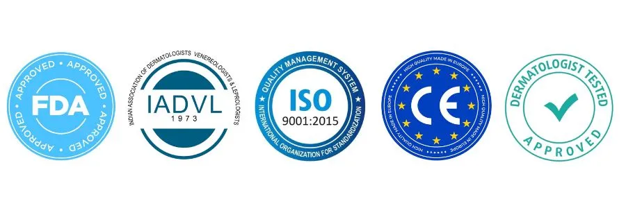 Trust badge strip showing US FDA approved, IADVL certified, CE certified, and dermatologist-recommended acne scar treatments in Delhi by Dr. Sandeep Bhasin at Care Well Medical Centre