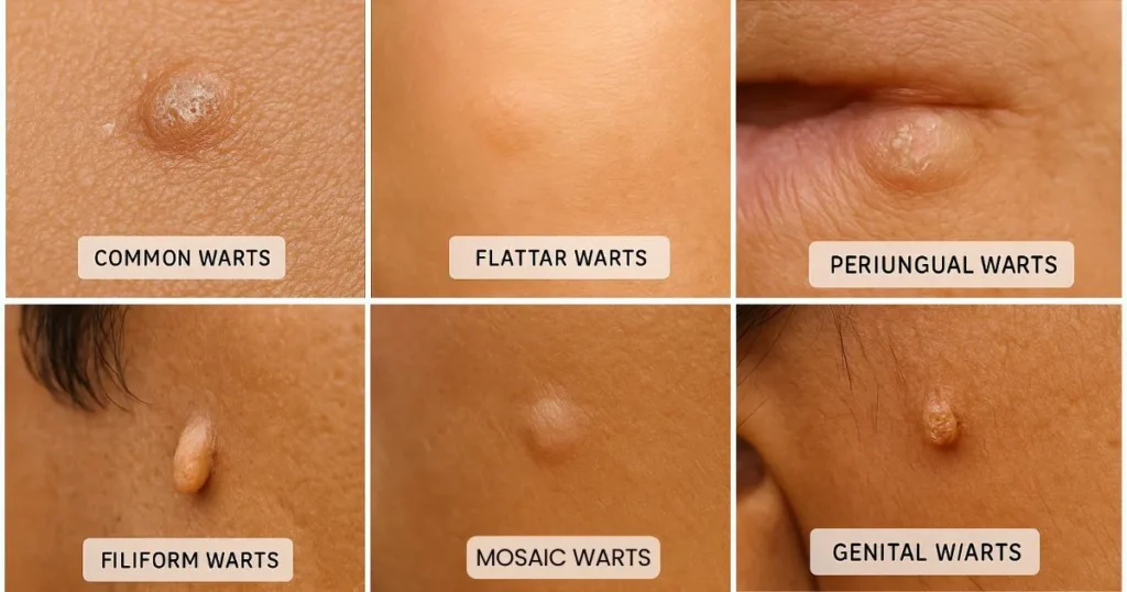 Types of warts with close-up images – common, plantar, flat, filiform, periungual, and mosaic warts – treated by laser in Delhi