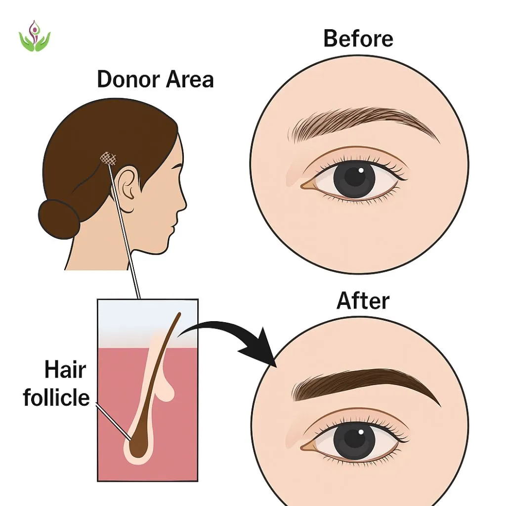 Eyebrow transplant process using donor hair from scalp – step-by-step medical diagram showing before and after