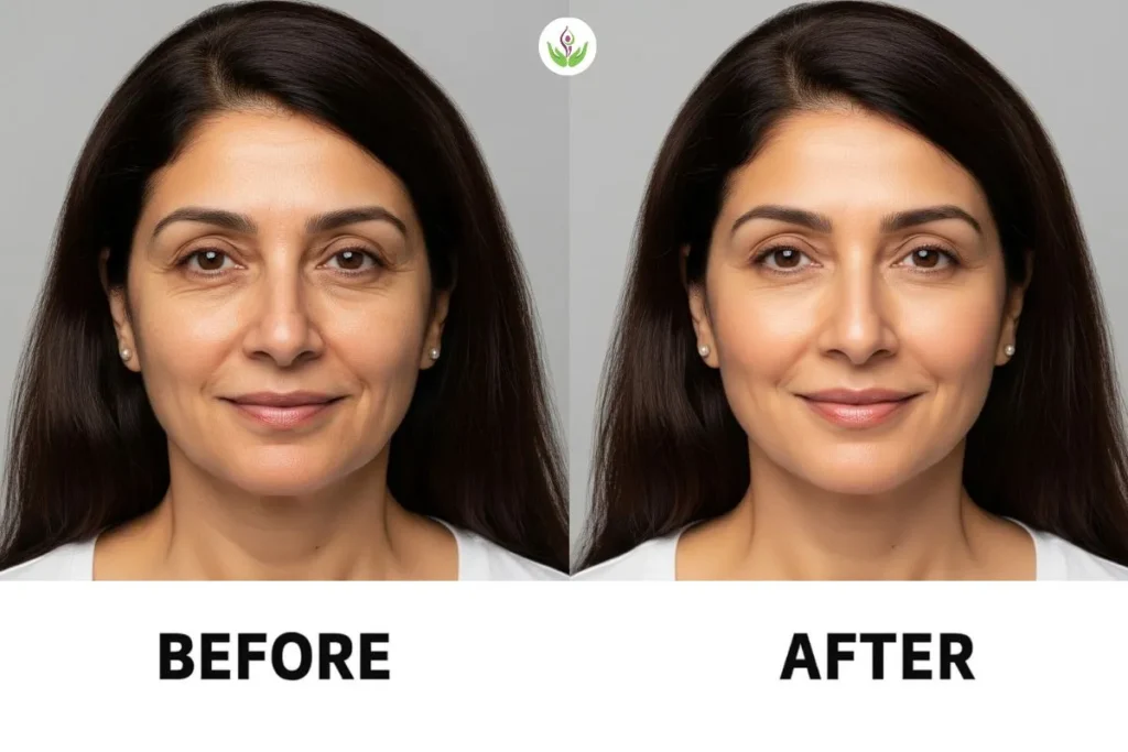 Anti aging treatment in Delhi before and after result photo showing smoother skin and reduced wrinkles