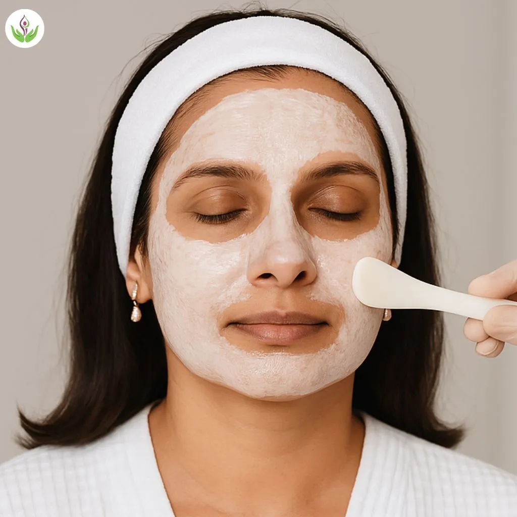 Woman receiving Cosmelan Peel treatment with white facial mask applied at skin clinic