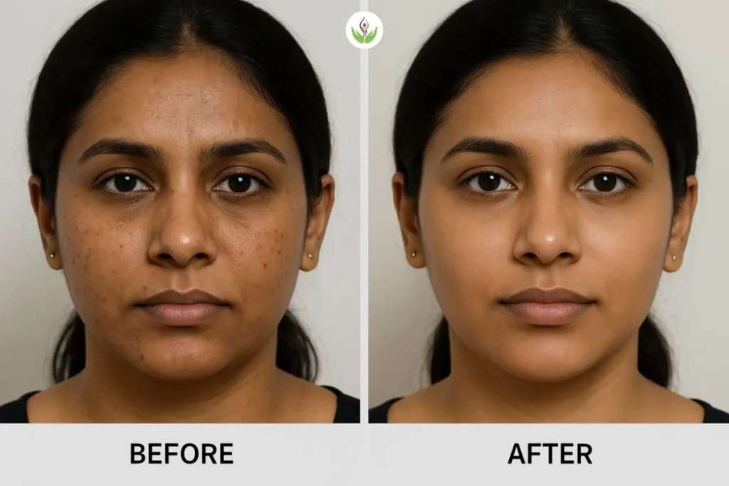 Side-by-side close-up of Indian woman’s face showing microdermabrasion results in Delhi, left side before with acne scars and dullness, right side after with smoother, brighter skin.