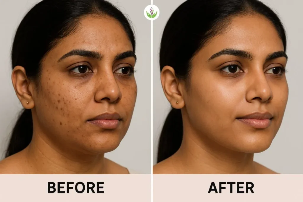 Indian female face, left half showing skin issues like pigmentation before microdermabrasion, right half glowing and even-toned after treatment in Delhi.