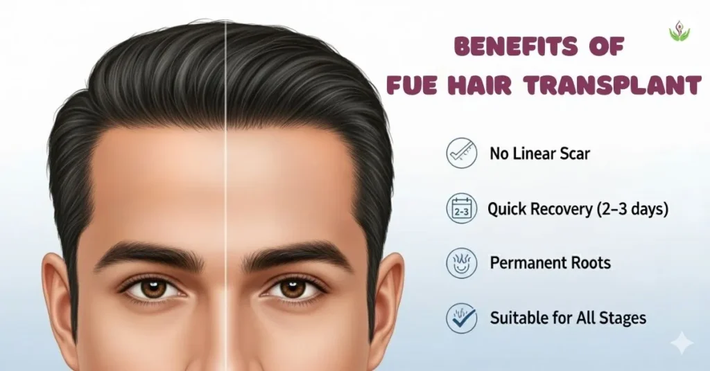 Benefits of FUE hair transplant – natural results, quick recovery, no scar.