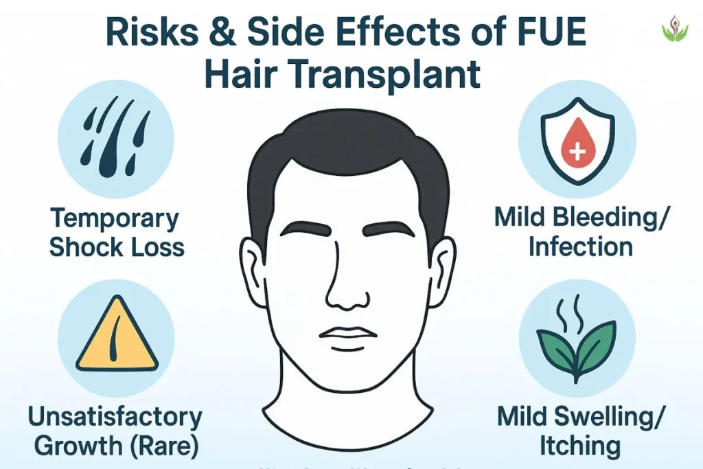 FUE hair transplant risks and side effects infographic.