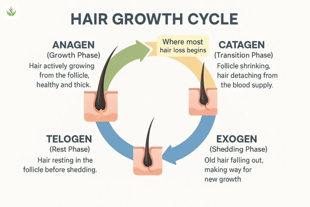 Hair growth cycle infographic showing Anagen, Catagen, Telogen, and Exogen phases.