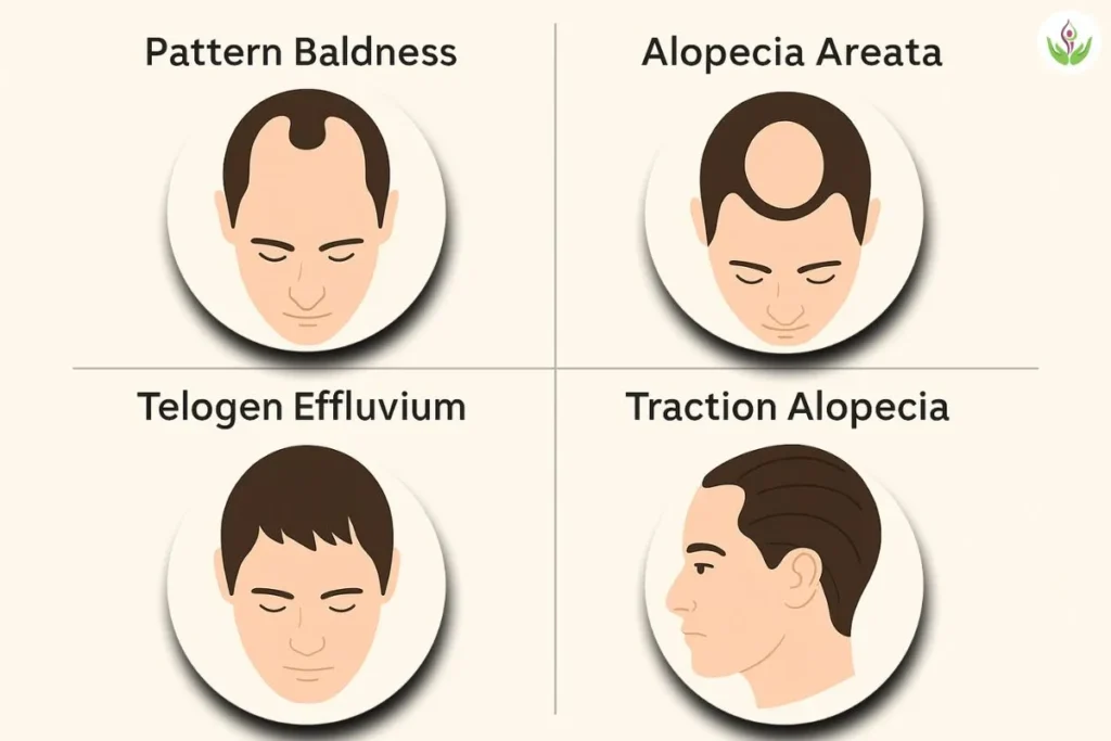 Types of hair loss – pattern baldness, alopecia, telogen effluvium, traction alopecia