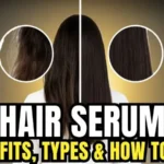 Before and after hair serum results – frizzy vs smooth shiny hair with serum bottles