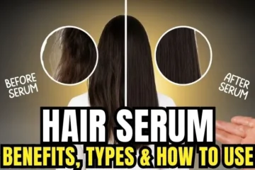 Before and after hair serum results – frizzy vs smooth shiny hair with serum bottles