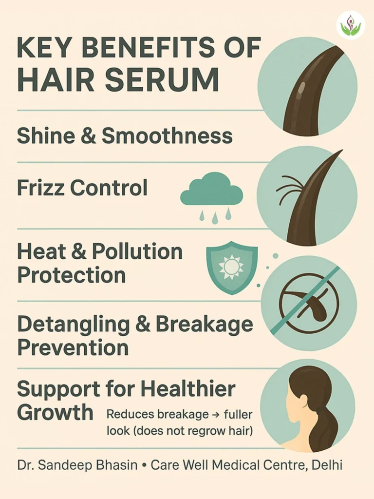 Infographic showing five key benefits of hair serum