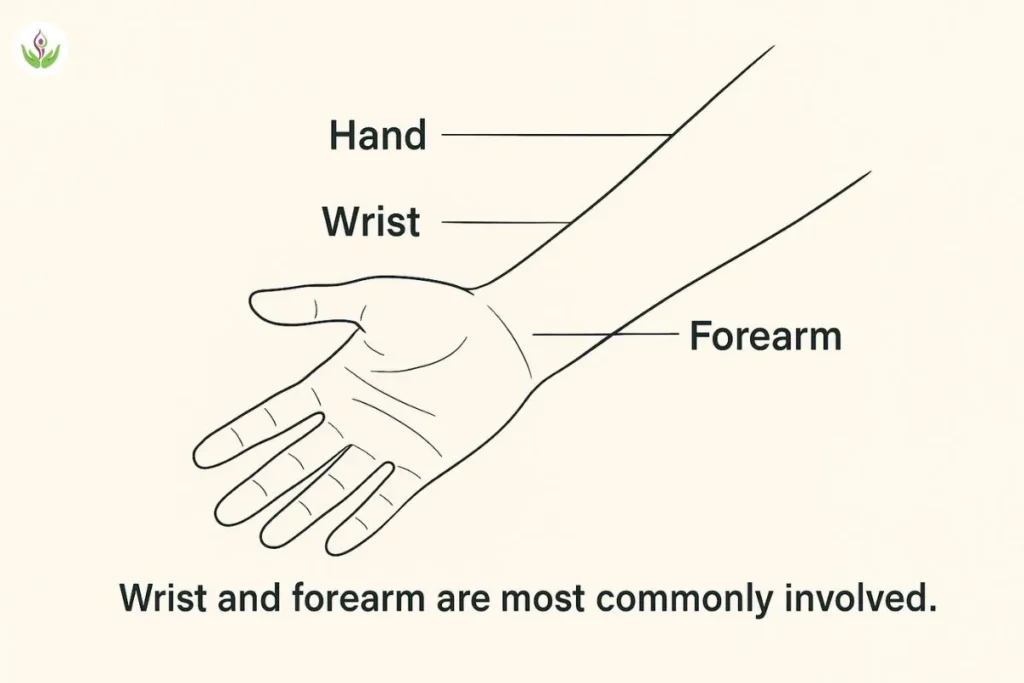 Common areas of hesitation cut marks on wrist, forearm and hand illustration