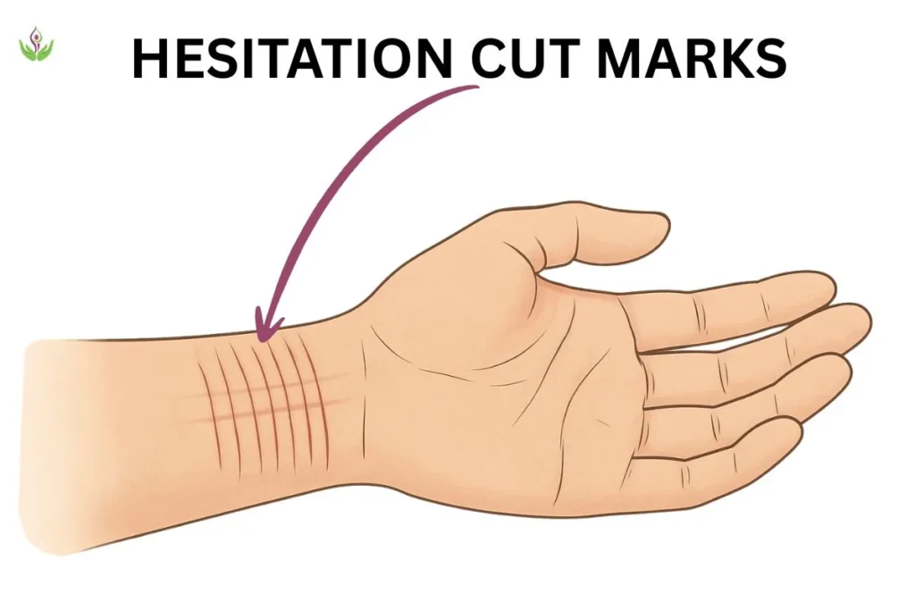 Hesitation cut marks pattern: thin, shallow, parallel wrist scars illustration