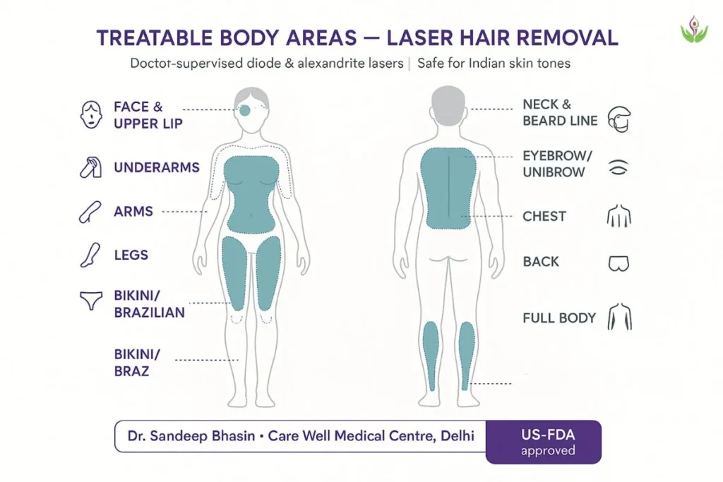Laser hair removal treatable body areas infographic Delhi