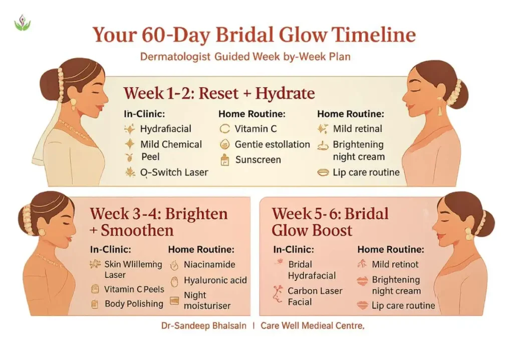 60-Day bridal glow timeline infographic showing week-by-week skin treatments and home routines for brides.