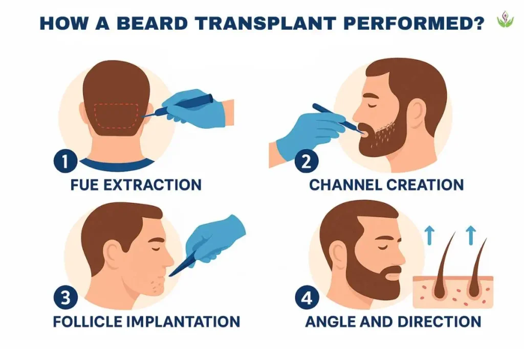Beard transplant step-by-step infographic showing donor extraction, graft preparation, micro-slit creation, and graft implantation.