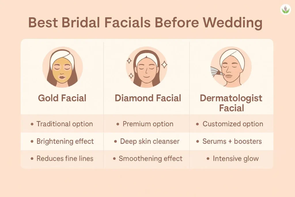 Comparison chart of Gold Facial, Diamond Facial and Dermatologist Facial for best bridal glow before wedding in India.