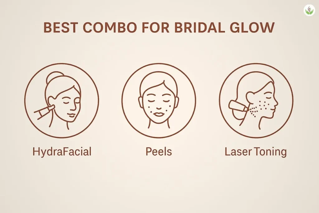 Infographic showing the best bridal glow treatment combination including HydraFacial, chemical peels, and Q-Switch laser for natural bridal radiance