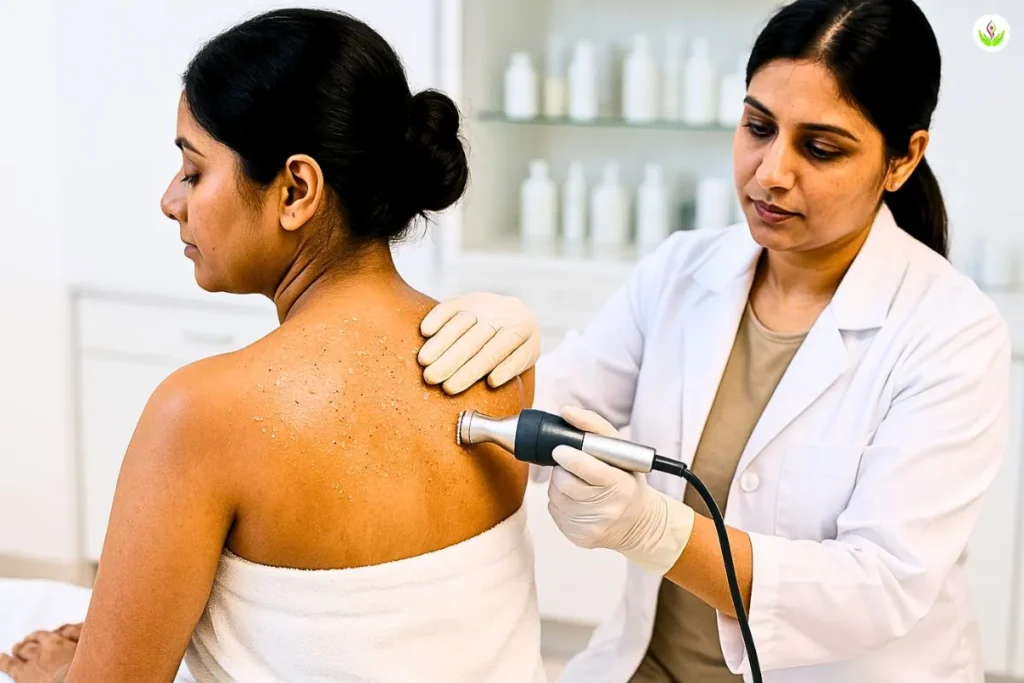 bride receiving exfoliation and microdermabrasion on back during bridal body polishing treatment in Delhi clinic