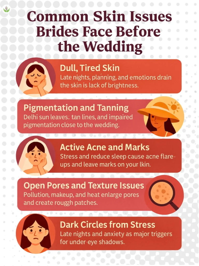 Common skin issues brides face before the wedding including dull skin, tanning, acne, open pores, and dark circles.