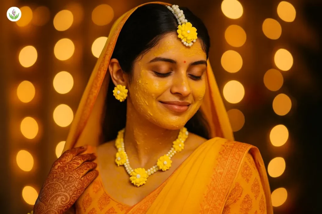 Indian bride in haldi ceremony with warm lights showing tanning effect