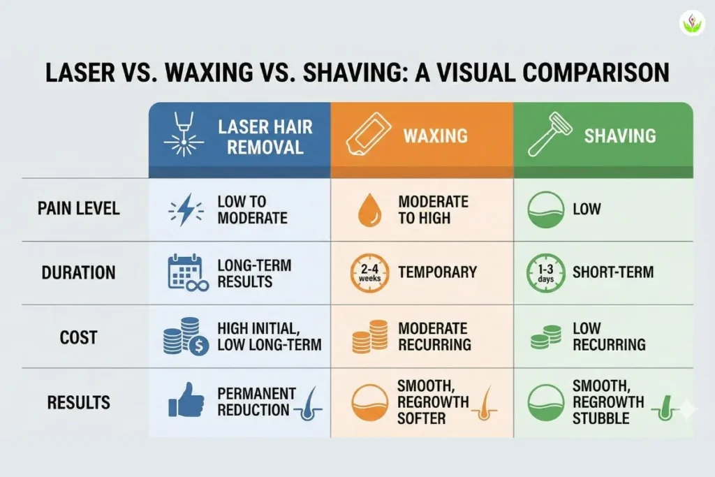 Laser vs waxing vs shaving comparison infographic for pre bridal hair removal